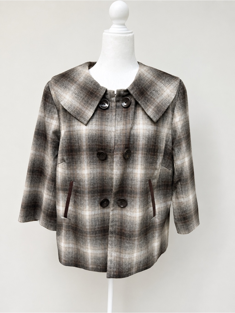 Kim Rogers Petite Plaid Double-Breasted Jacket Size 14P Brown Taupe Career Chic